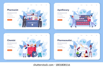 Pharmacy web banner or landing page set. Pharmacist holding a bag with pharmacy drug in bottle and box for disease treatment. Healthcare and medical treatment concept. Isolated vector illustration