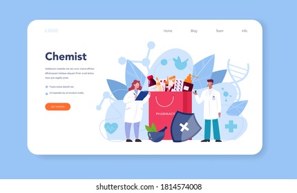 Pharmacy web banner or landing page. Pharmacist holding a bag with pharmacy drug in bottle and box for disease treatment. Healthcare and medical treatment concept. Isolated vector illustration