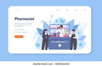 Pharmacy web banner or landing page. Pharmacist holding a bag with pharmacy drug in bottle and box for disease treatment. Healthcare and medical treatment concept. Isolated vector illustration