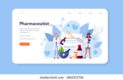 Pharmacy web banner or landing page. Pharmacist holding a bag with pharmacy drug in bottle and box for disease treatment. Healthcare and medical treatment concept. Isolated vector illustration