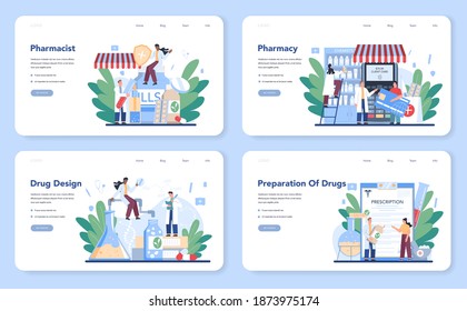 Pharmacy web banner or landing page set. Pharmacist selling drugs in bottle and box for disease treatment. Healthcare and medical treatment concept. Isolated vector illustration