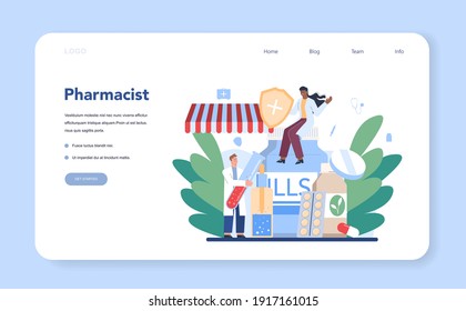 Pharmacy web banner or landing page. Pharmacist selling drugs in bottle and box for disease treatment. Healthcare and medical treatment concept. Isolated vector illustration