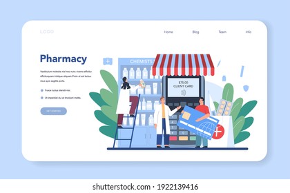 Pharmacy web banner or landing page. Pharmacist selling drugs in bottle and box for disease treatment. Healthcare and medical treatment concept. Isolated vector illustration