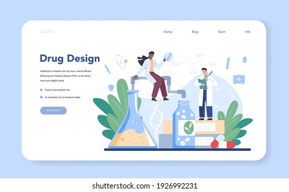 Pharmacy web banner or landing page. Pharmacist selling drugs in bottle and box for disease treatment. Healthcare and medical treatment concept. Isolated vector illustration