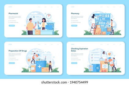 Pharmacy web banner or landing page set. Pharmacist preparing