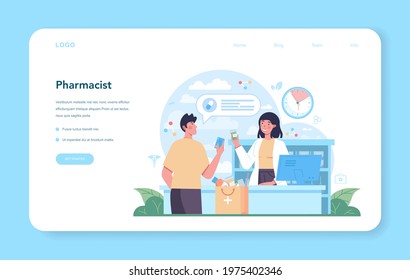 Pharmacy web banner or landing page. Pharmacist preparing and selling drugs in bottle and box for disease treatment. Healthcare and medical treatment concept. Isolated vector illustration