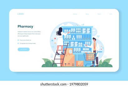 Pharmacy web banner or landing page. Pharmacist preparing and selling drugs in bottle and box for disease treatment. Healthcare and medical treatment concept. Isolated vector illustration