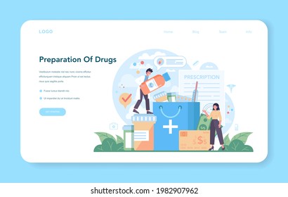 Pharmacy web banner or landing page. Pharmacist preparing and selling drugs in bottle and box for disease treatment. Healthcare and medical treatment concept. Isolated vector illustration