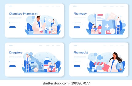 Pharmacy web banner or landing page set. Pharmacist preparing and selling drugs in bottle and box for disease treatment. Healthcare and medical treatment concept. Isolated vector illustration