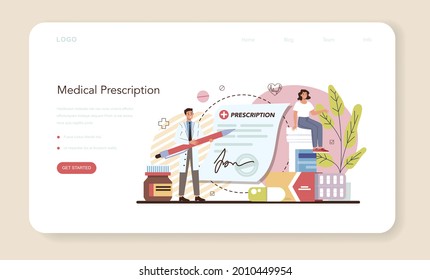 Pharmacy web banner or landing page. Pharmacist selling drugs in bottle and box for disease treatment. Drugstore employee. Medical treatment prescription. Isolated vector illustration
