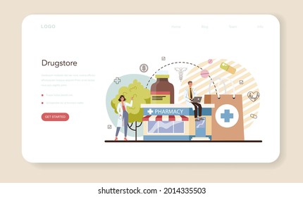 Pharmacy web banner or landing page. Pharmacist selling drugs in bottle and box for disease treatment. Drugstore employee. Medical treatment prescription. Isolated vector illustration