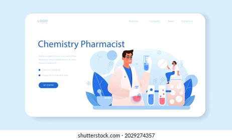 Pharmacy web banner or landing page. Pharmacist preparing and selling drugs in bottle and box for disease treatment. Healthcare and medical treatment concept. Isolated vector illustration