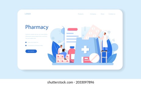 Pharmacy web banner or landing page. Pharmacist preparing and selling drugs in bottle and box for disease treatment. Healthcare and medical treatment concept. Isolated vector illustration