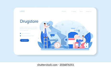 Pharmacy web banner or landing page. Pharmacist preparing and selling drugs in bottle and box for disease treatment. Healthcare and medical treatment concept. Isolated vector illustration