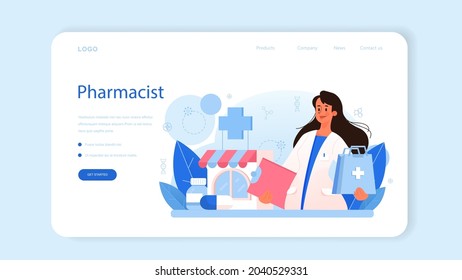 Pharmacy web banner or landing page. Pharmacist preparing and selling drugs in bottle and box for disease treatment. Healthcare and medical treatment concept. Isolated vector illustration