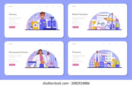 Pharmacy web banner or landing page set. Pharmacist selling drugs in bottle and box for disease treatment. Healthcare and medical treatment concept. Isolated vector illustration