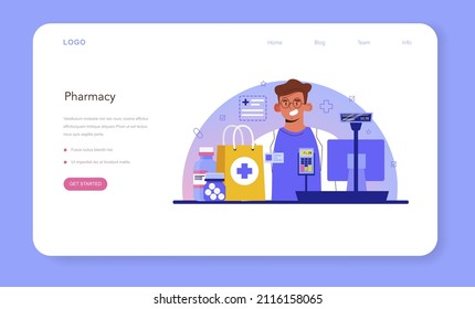 Pharmacy web banner or landing page. Pharmacist selling drugs in bottle and box for disease treatment. Healthcare and medical treatment concept. Isolated vector illustration