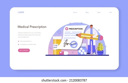 Pharmacy web banner or landing page. Pharmacist selling drugs in bottle and box for disease treatment. Healthcare and medical treatment concept. Isolated vector illustration