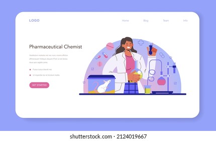 Pharmacy web banner or landing page. Pharmacist selling drugs in bottle and box for disease treatment. Healthcare and medical treatment concept. Isolated vector illustration