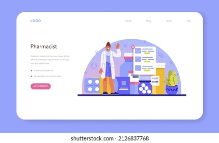 Pharmacy web banner or landing page. Pharmacist selling drugs in bottle and box for disease treatment. Healthcare and medical treatment concept. Isolated vector illustration