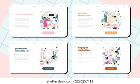 Pharmacy web banner or landing page set. Pharmacist preparing and selling drugs for diseases treatment. Healthcare and medical treatment consultation. Flat vector illustration