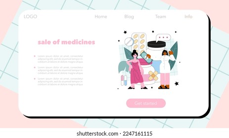 Pharmacy web banner or landing page. Pharmacist preparing and selling drugs for diseases treatment. Healthcare and medical treatment consultation. Flat vector illustration