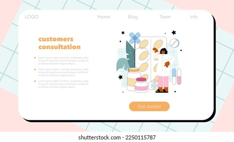 Pharmacy web banner or landing page. Pharmacist preparing and selling drugs for diseases treatment. Healthcare and medical treatment consultation. Flat vector illustration