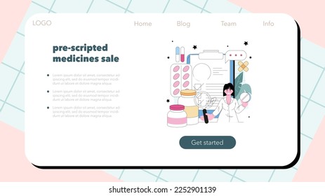 Pharmacy web banner or landing page. Pharmacist preparing and selling drugs for diseases treatment. Healthcare and medical treatment consultation. Flat vector illustration