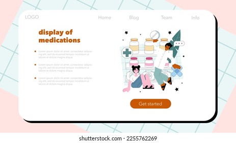 Pharmacy web banner or landing page. Pharmacist preparing and selling drugs for diseases treatment. Healthcare and medical treatment consultation. Flat vector illustration