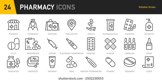 Pharmacy web icon set in line style. Medical preparations, equipment, drug, pills, health, pharmacist, masks, collection. Vector illustration.	
