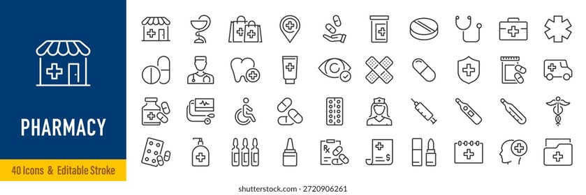 Ícone da Web da farmácia definido no estilo de linha. Preparações médicas, equipamento, medicamento, pílulas, saúde, farmacêutico, máscaras, coleção. Traçado editável. Ilustração vetorial.