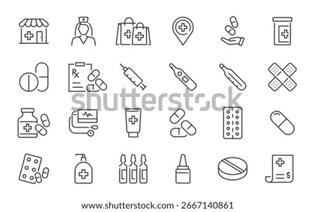 Pharmacy web icon set in line style. Medical preparations, equipment, drug, pills, health, pharmacist, masks, collection. Vector illustration.	
