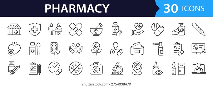 Pharmacy Web Icon Set in Linear Style. Collection of pharmaceutical, line icons, including pills, medicine, medication, treatment, syringe, prescription, pharmacist, medical and more. Editable stroke