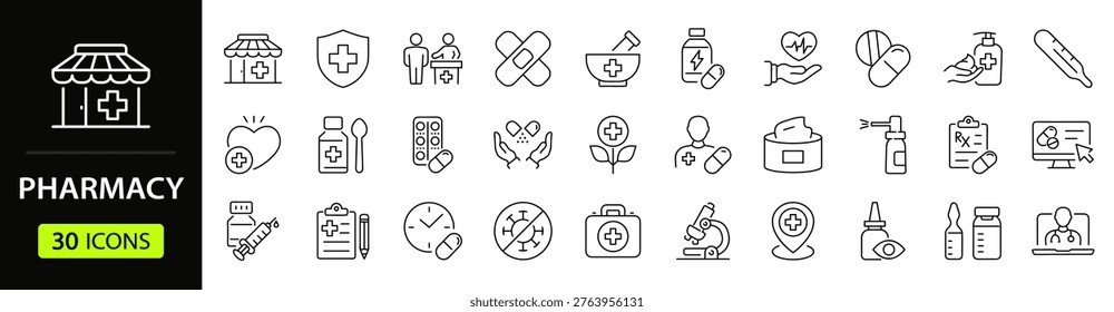 Pharmacy Web Icon Set in Linear Style. Collection of pharmaceutical, line icons, including pills, medicine, medication, treatment, syringe, prescription, pharmacist, medical and more. Editable stroke