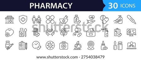 Pharmacy Web Icon Set in Linear Style. Collection of pharmaceutical, line icons, including pills, medicine, medication, treatment, syringe, prescription, pharmacist, medical and more. Editable stroke