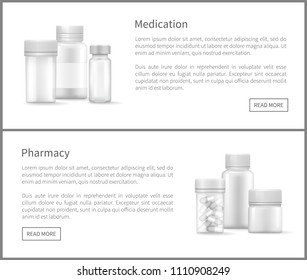 Pharmacy web posters set with plastic silver bottles with covers designed for liquids or pills storage, conservation of medicinal product containers isolated vector