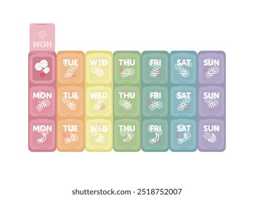 Pharmacy weekly and daily pill box with medical pills. Colourful plastic medical organizer . Flat style vector illustration