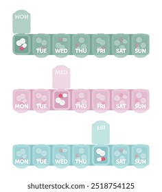 Pharmacy weekly pill boxes with medical pills. Green, pink and blue plastic medical boxes. Flat style vector illustration