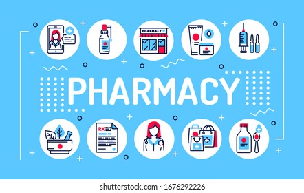 Pharmacy word lettering typography. Medical clinic communication with patient and medicaments. Infographics with linear icons on blue background. Isolated outline color illustration.