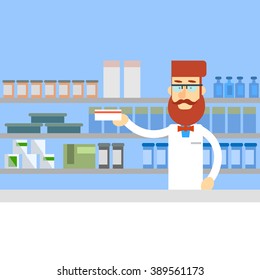Pharmacy Worker Hold Medicine Pills Tablets Drugstore Interior Male Pharmacist Flat Vector Illustration