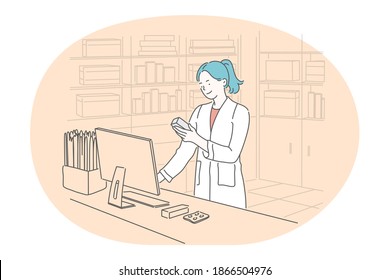 Pharmacy worker, occupation, full time job concept. Young smiling woman professional pharmacist cartoon character checking price of drug in computer on workplace in pharmacy vector illustration 