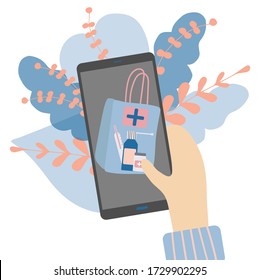 Pharmay liefert mobile App. Pillen auf einem Smartphone-Bildschirm, Service für die Auswahl und Bestellung von Medikamentenwerkzeugen. Flachvektordarstellung