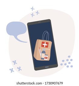 Pharmay delivery mobile app. pills on a smartphone screen, service for choosing and ordering medicdl tools. flat vector illustration