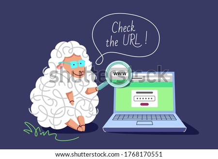 Pharming and phishing concept. The clever sheep with a laptop and magnifying glass, teaching to check the URL, not to be redirected to the fake web site. 