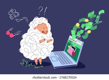 Pharming and phishing concept. The frightened sheep with a laptop, seeing hacked bank account. Money disappeared from online wallet.