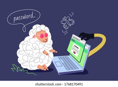 Pharming and phishing concept. The inattentive sheep with a laptop, typing a password in the fake finance account. The hacker hand grabbing a password. 