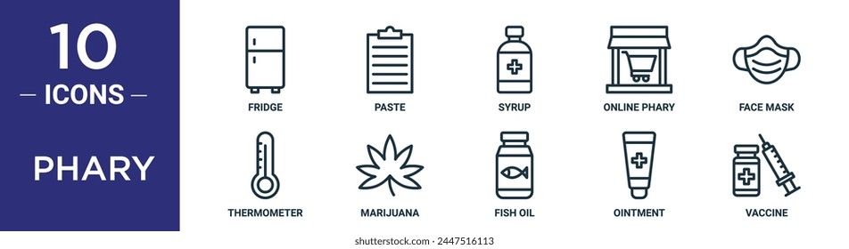 el conjunto de iconos de esquema de phary incluye nevera de línea fina, pasta, jarabe, phary en línea, máscara facial, termómetro, iconos de marihuana para informe, presentación, diagrama, Diseño web