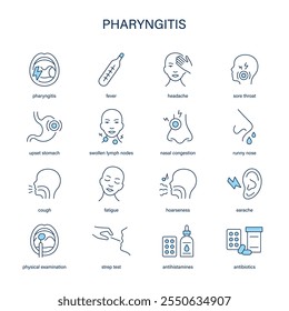 Pharyngitis-Symptome, Diagnose- und Behandlungsvektorsymbol. Medizinische Symbole.