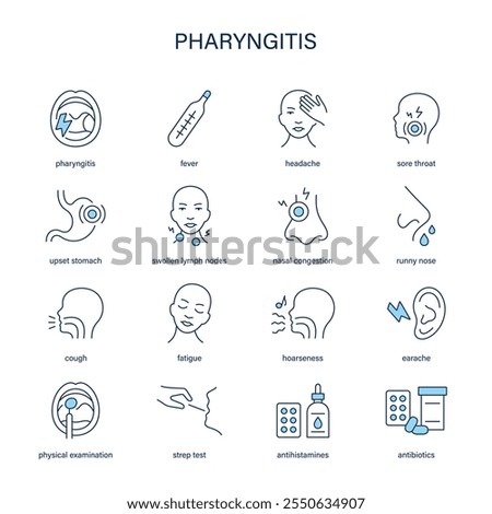 Pharyngitis symptoms, diagnostic and treatment vector icon set. Medical icons.