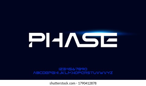 Phase, a geometric futuristic scifi alphabet font typeface design. digital space typography vector illustration